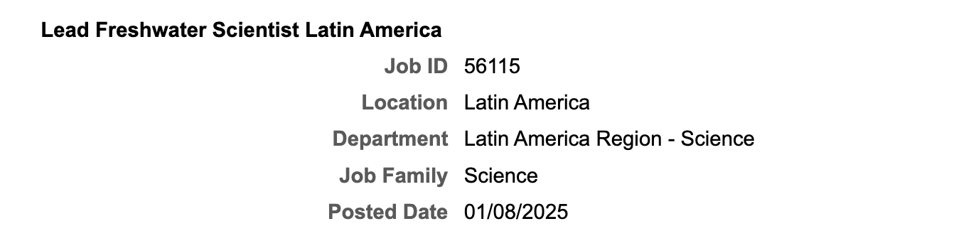 Vacante – Científico Líder de Agua Dulce para América Latina  (The Nature Conservacy)